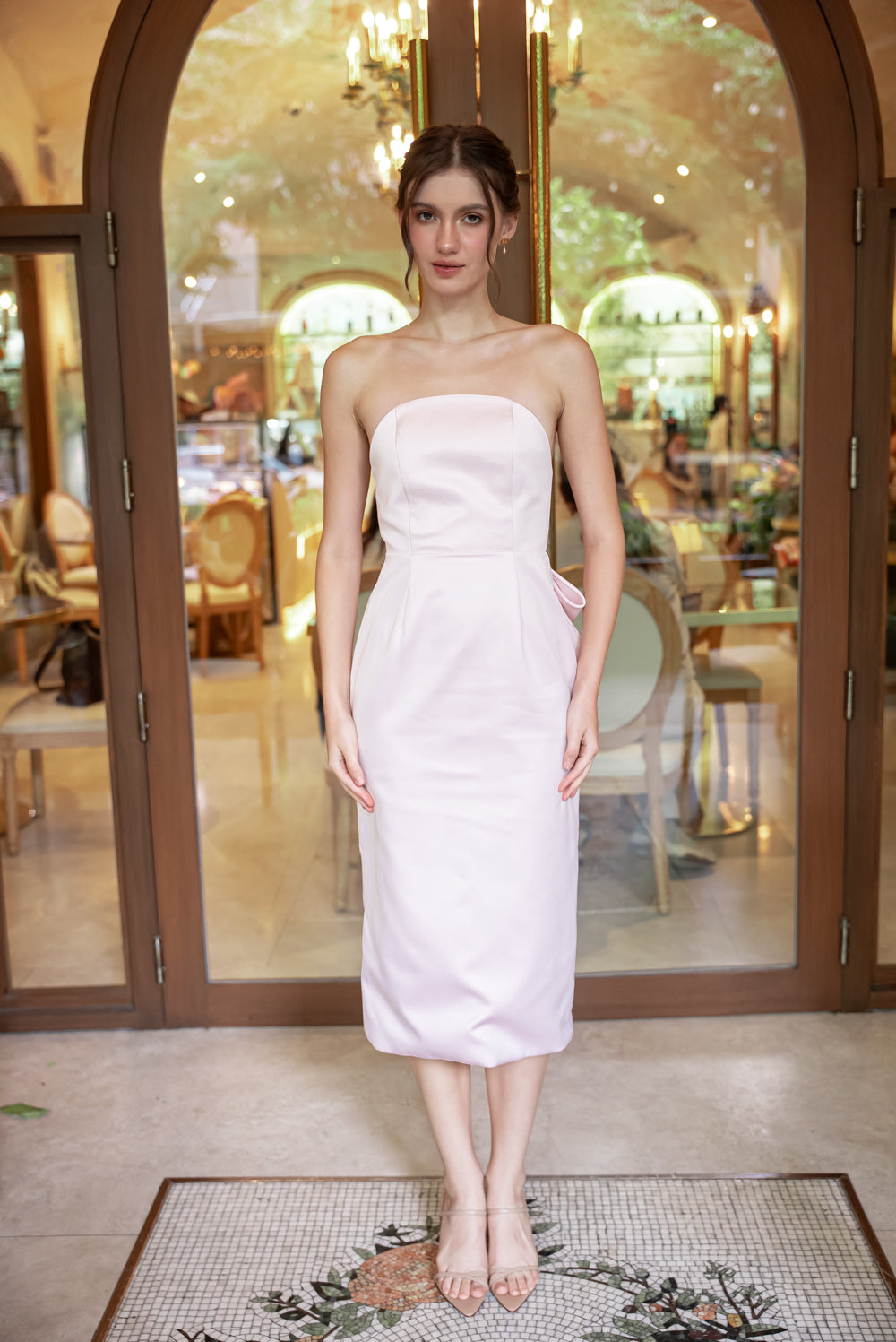 SAME DAY PICK UP - LORENA Curved Neckline Midi Dress with Bow Back (Pink Duchess)