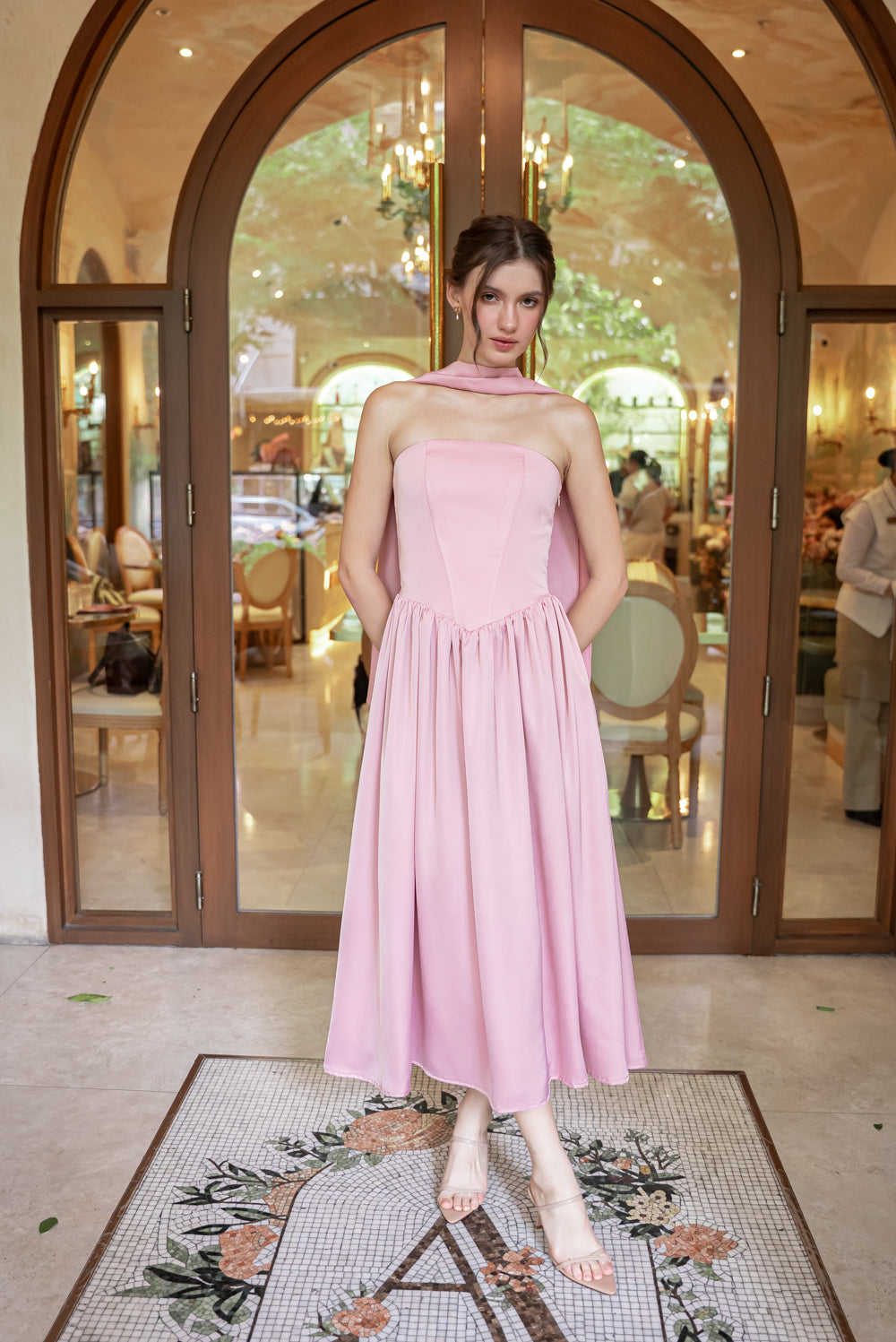GIULIA Strapless Midi Dress with Sash and Covered Buttons (Pink Korean Silk)