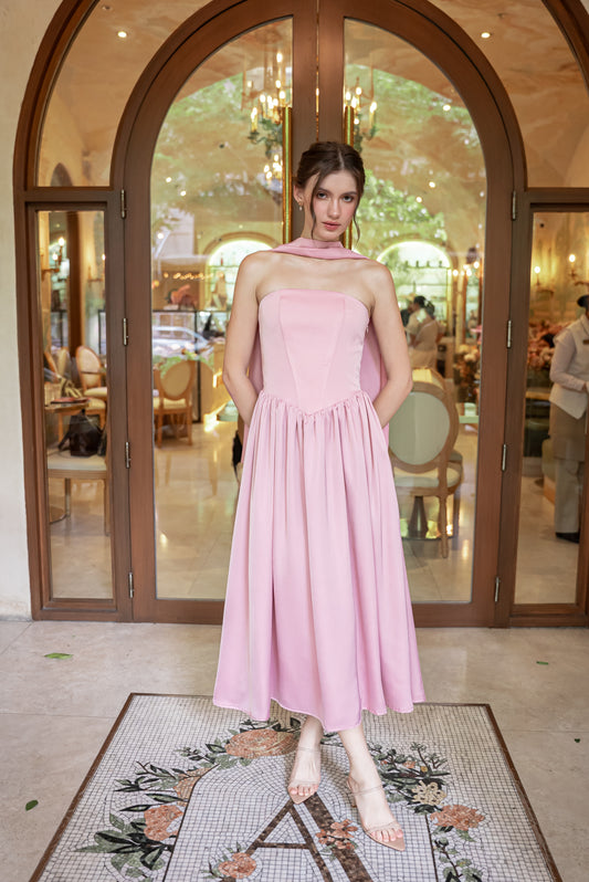 GIULIA Strapless Midi Dress with Sash and Covered Buttons (Pink Korean Silk)