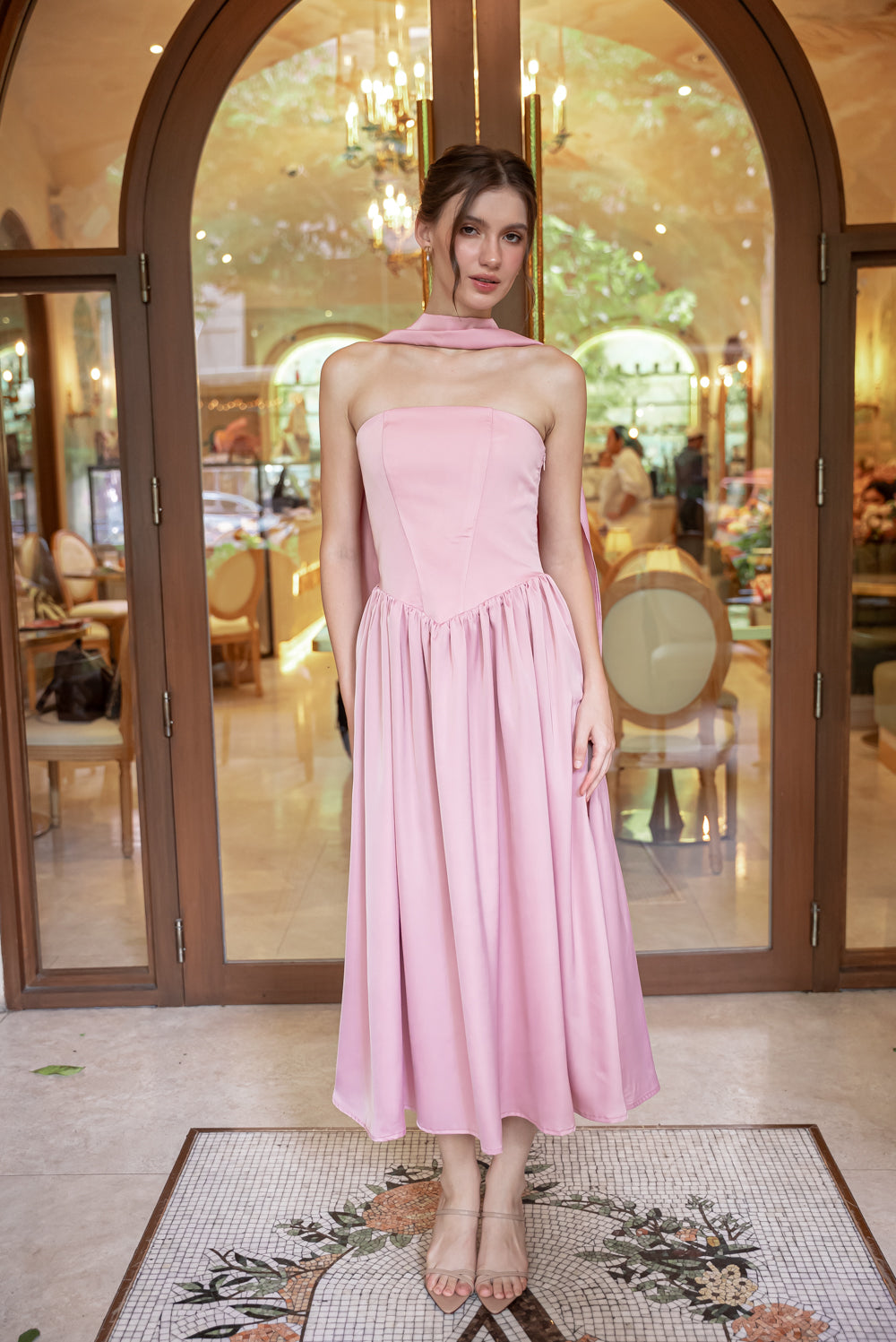 GIULIA Strapless Midi Dress with Sash and Covered Buttons (Pink Korean Silk)