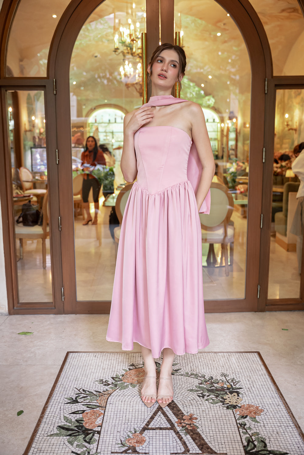 GIULIA Strapless Midi Dress with Sash and Covered Buttons (Pink Korean Silk)