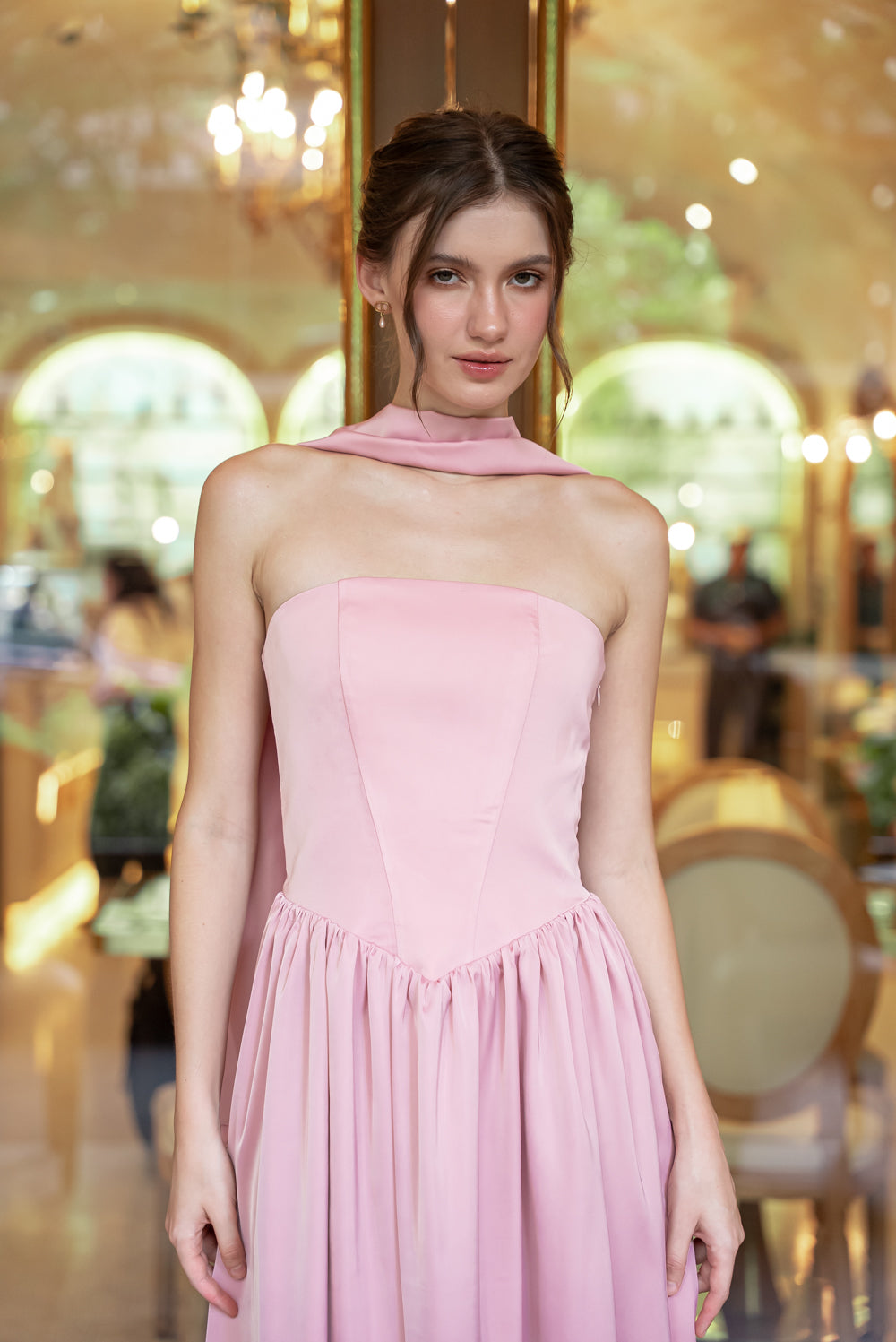 GIULIA Strapless Midi Dress with Sash and Covered Buttons (Pink Korean Silk)
