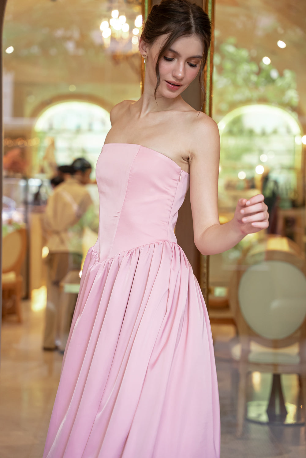 GIULIA Strapless Midi Dress with Sash and Covered Buttons (Pink Korean Silk)