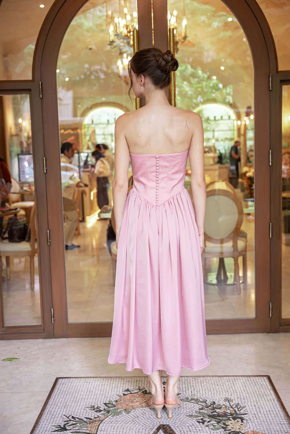 GIULIA Strapless Midi Dress with Sash and Covered Buttons (Pink Korean Silk)