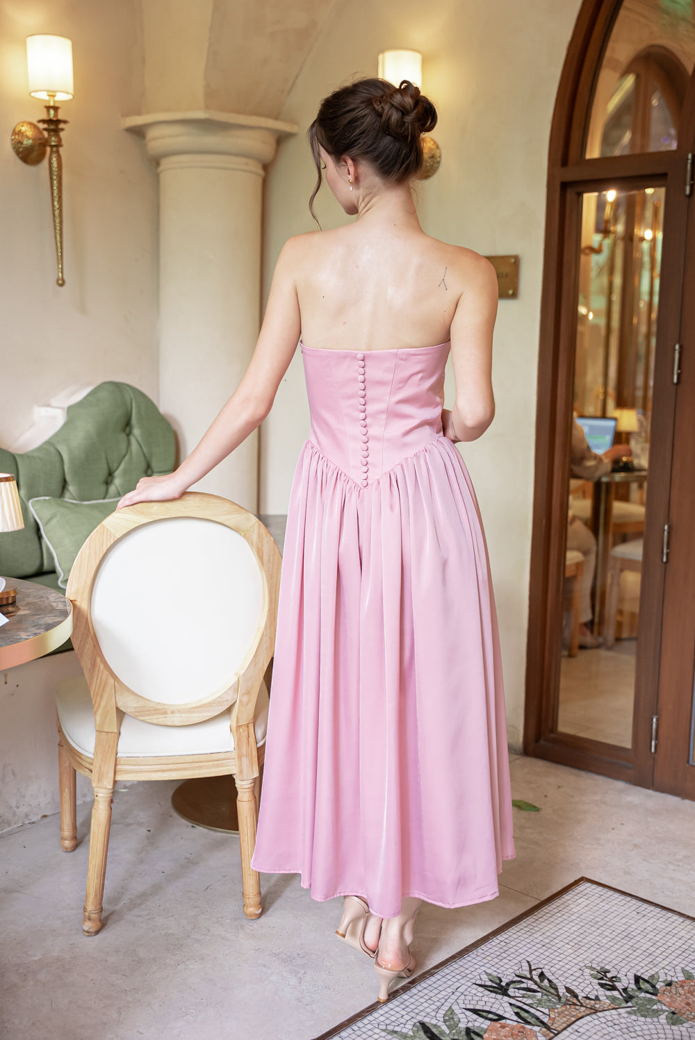 GIULIA Strapless Midi Dress with Sash and Covered Buttons (Pink Korean Silk)
