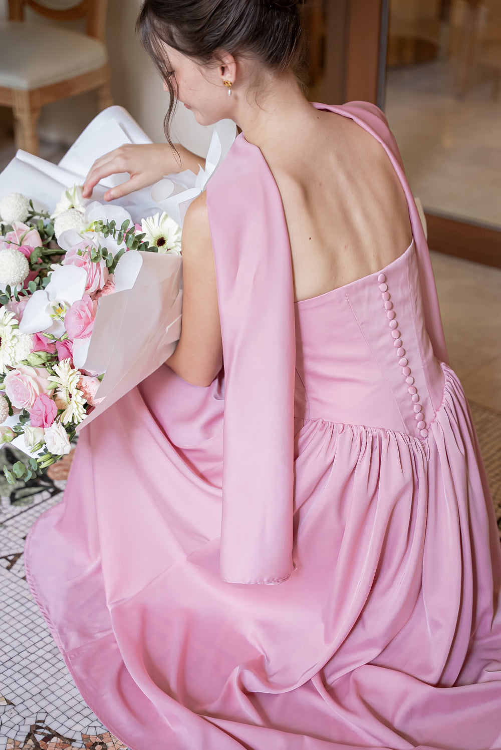 GIULIA Strapless Midi Dress with Sash and Covered Buttons (Pink Korean Silk)