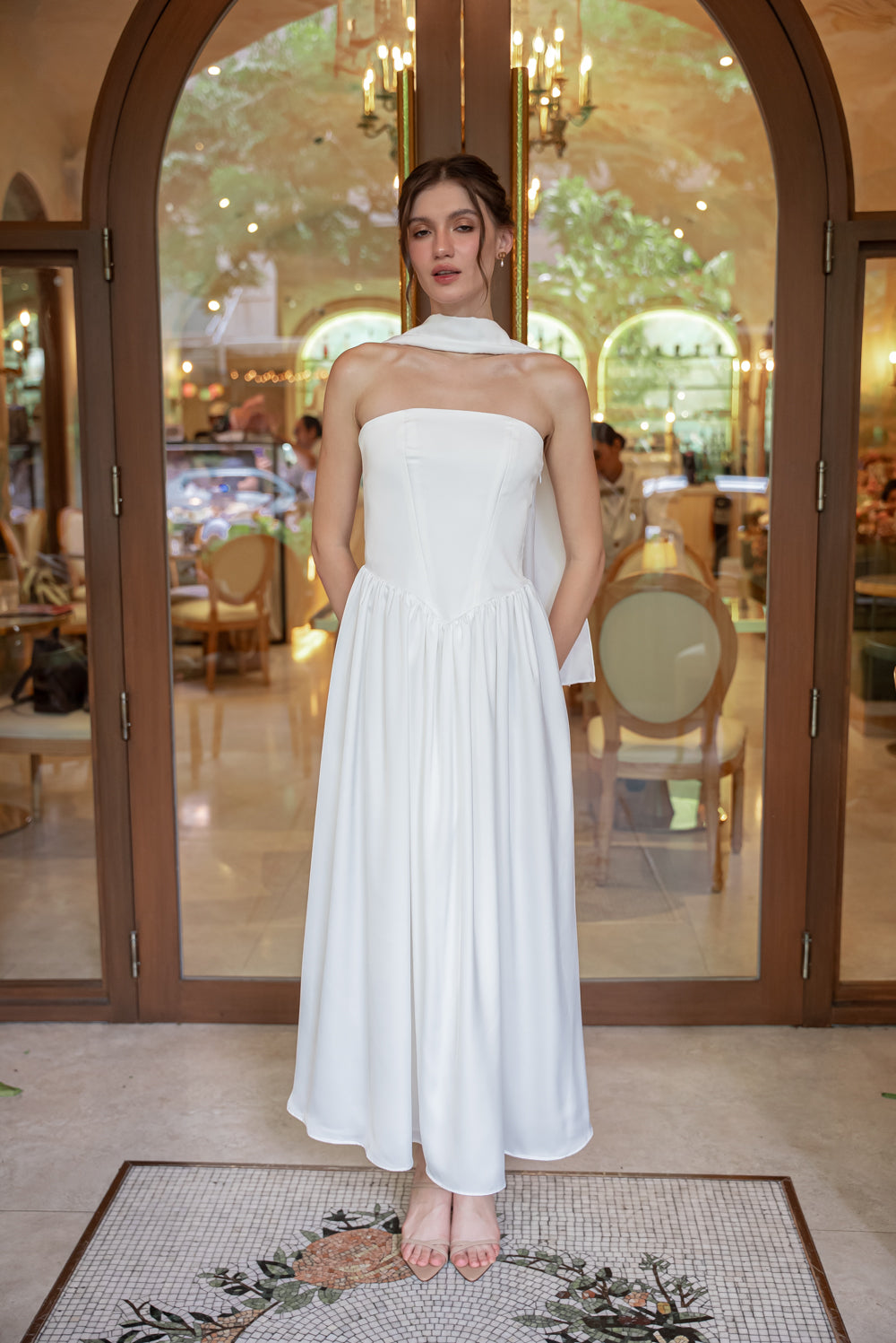 GIULIA Strapless Midi Dress with Sash and Covered Buttons (Ivory White Korean Silk)