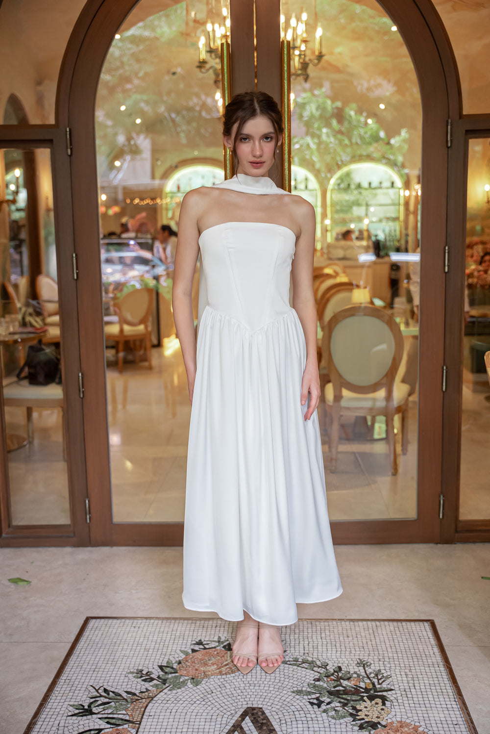 GIULIA Strapless Midi Dress with Sash and Covered Buttons (Ivory White Korean Silk)
