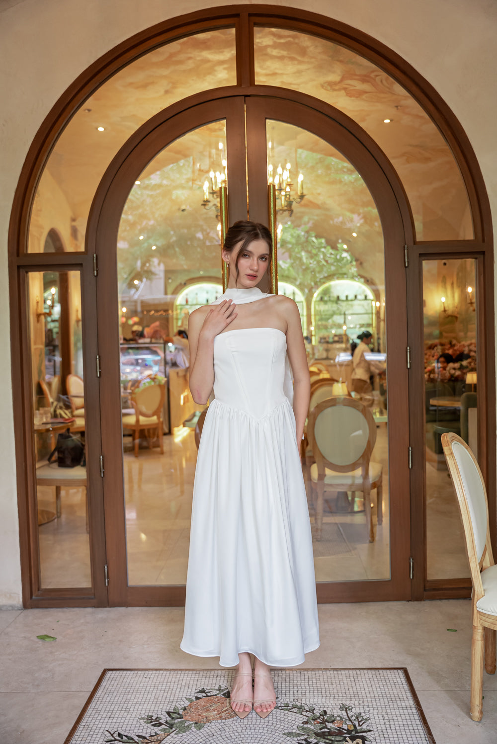 GIULIA Strapless Midi Dress with Sash and Covered Buttons (Ivory White Korean Silk)