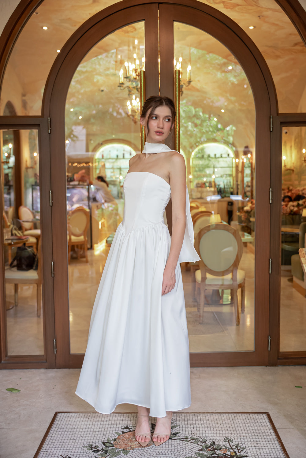 GIULIA Strapless Midi Dress with Sash and Covered Buttons (Ivory White Korean Silk)