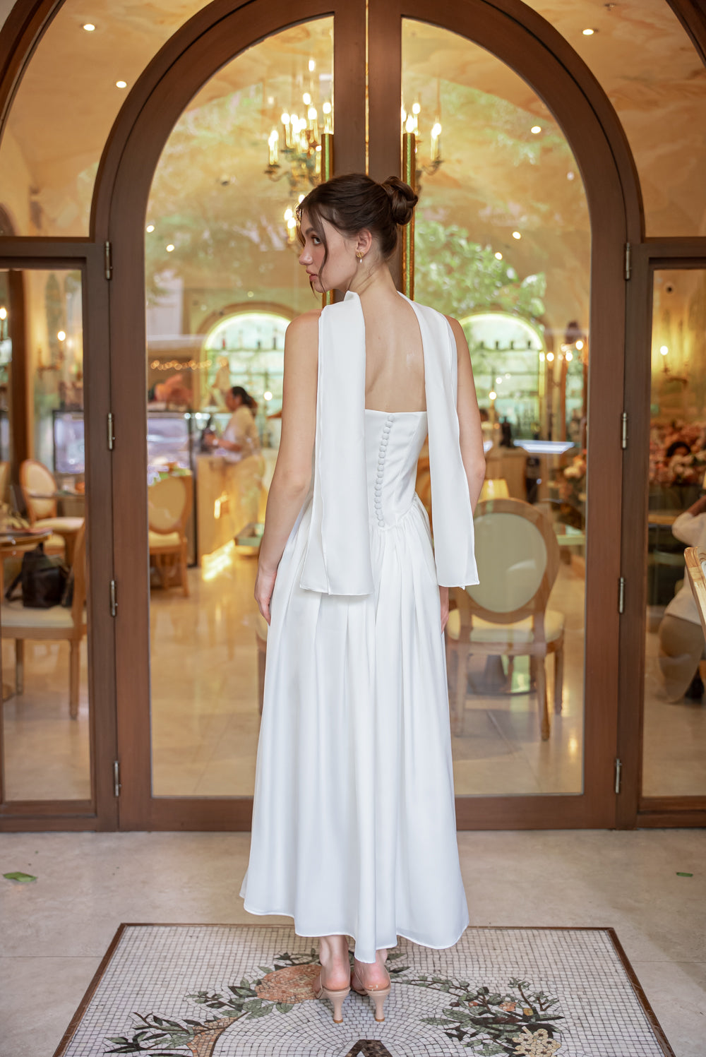 GIULIA Strapless Midi Dress with Sash and Covered Buttons (Ivory White Korean Silk)