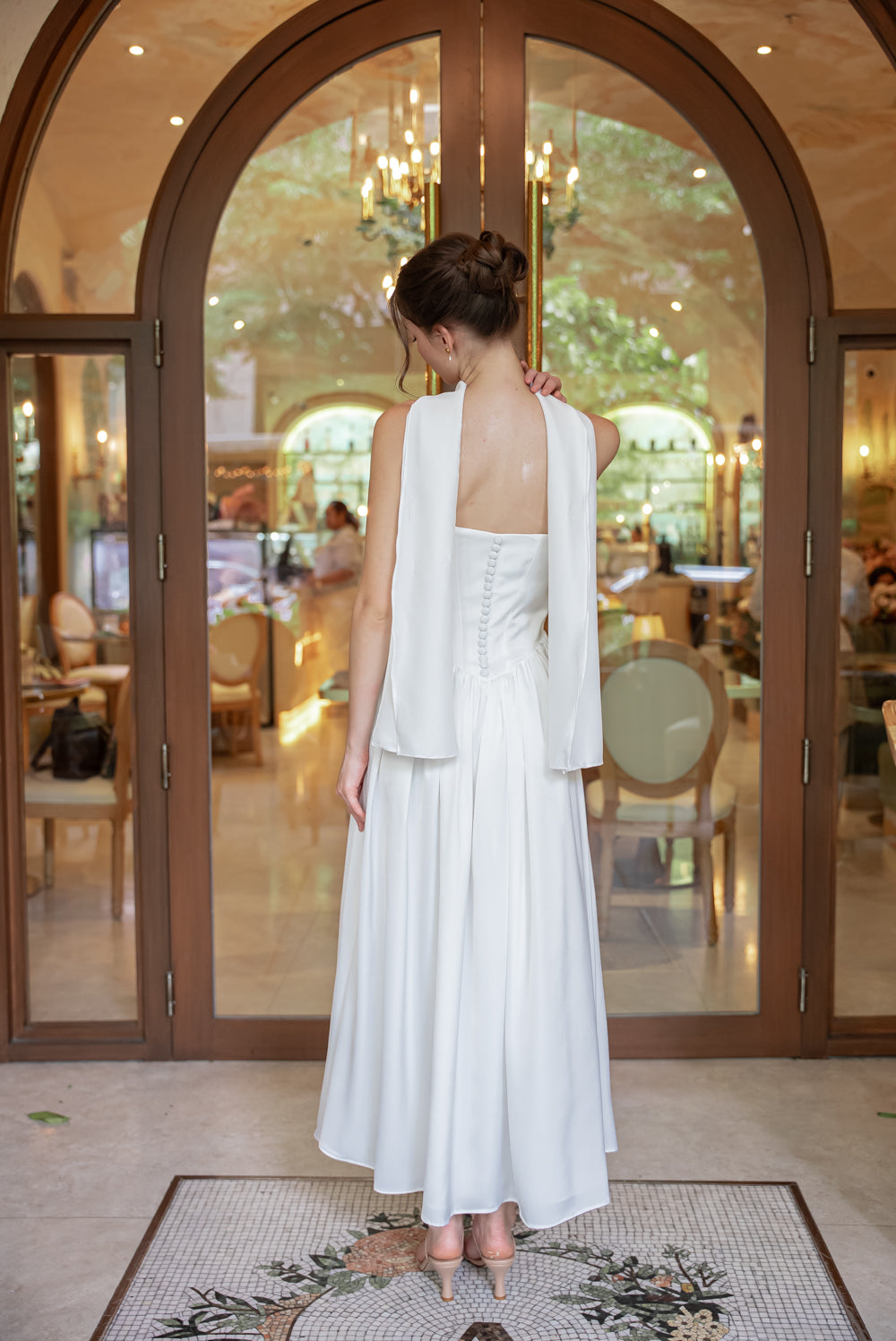 GIULIA Strapless Midi Dress with Sash and Covered Buttons (Ivory White Korean Silk)