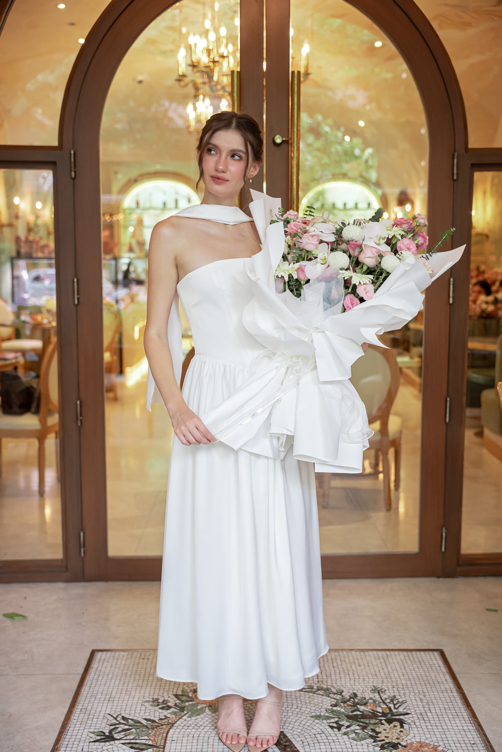 GIULIA Strapless Midi Dress with Sash and Covered Buttons (Ivory White Korean Silk)