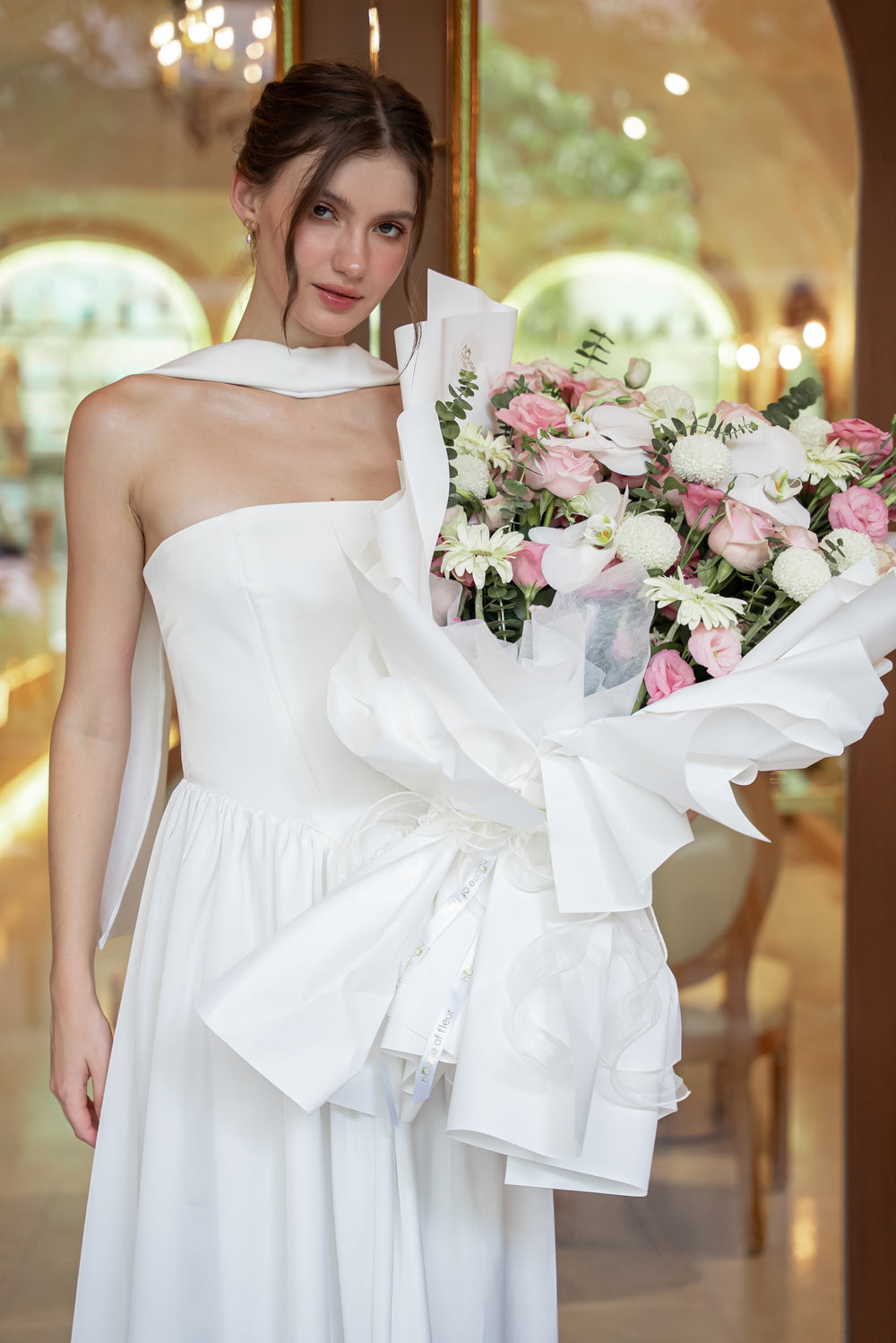 GIULIA Strapless Midi Dress with Sash and Covered Buttons (Ivory White Korean Silk)