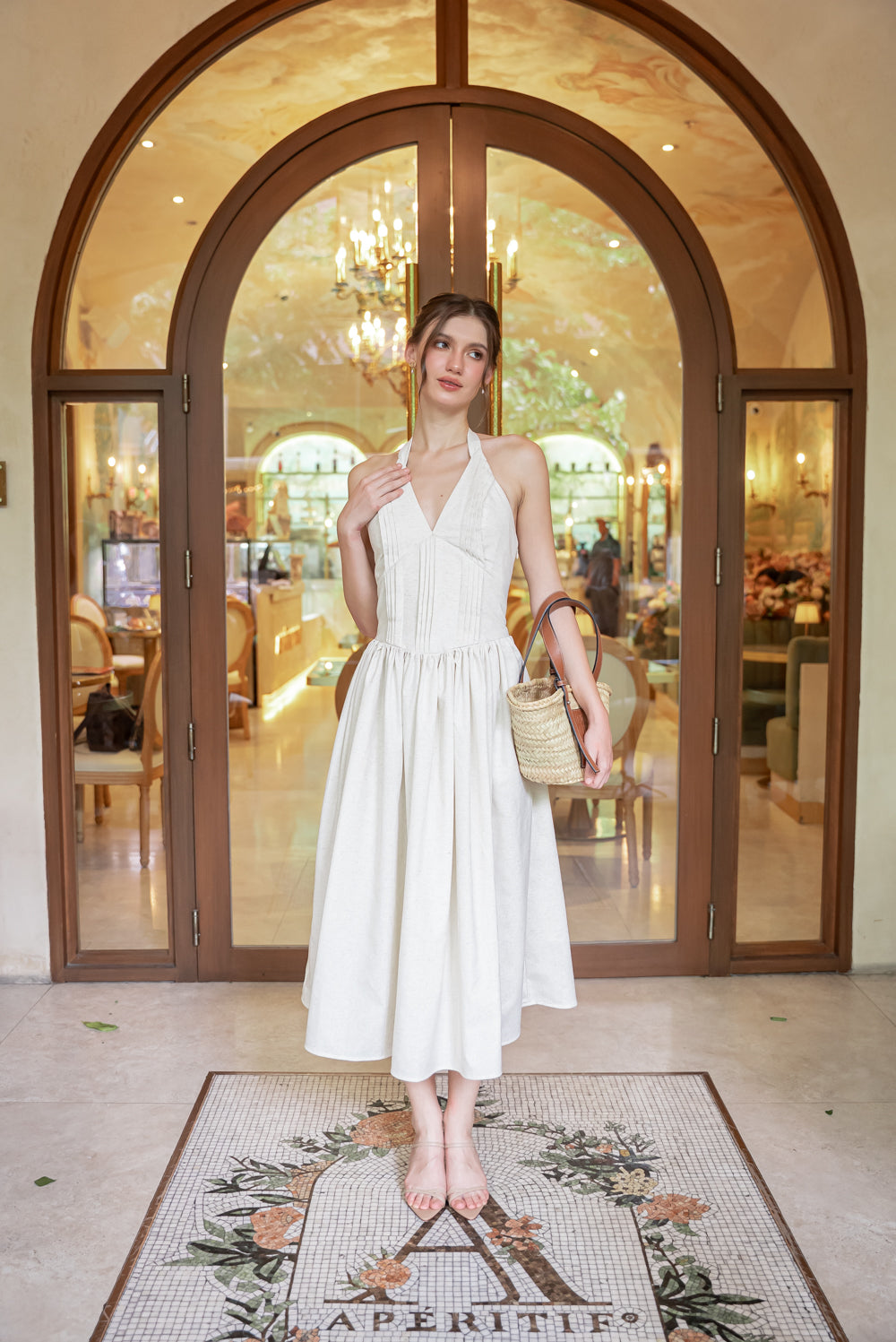 SAME DAY PICK UP - SOLENE Halter Pleated Midi Dress (Tropical Linen Nude)