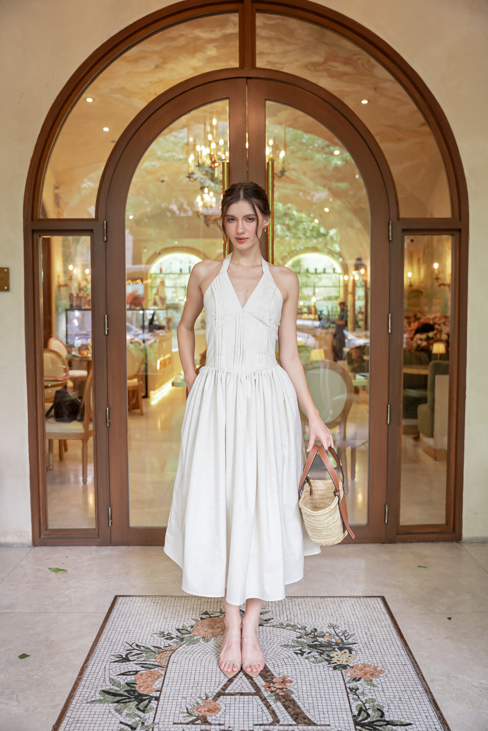 SAME DAY PICK UP - SOLENE Halter Pleated Midi Dress (Tropical Linen Nude)