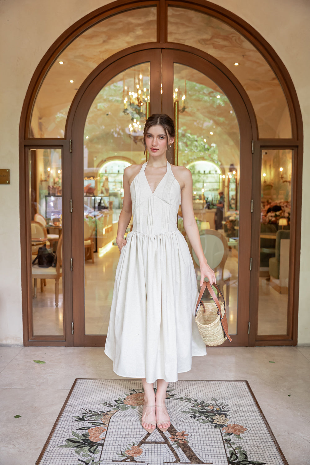 SAME DAY PICK UP - SOLENE Halter Pleated Midi Dress (Tropical Linen Nude)