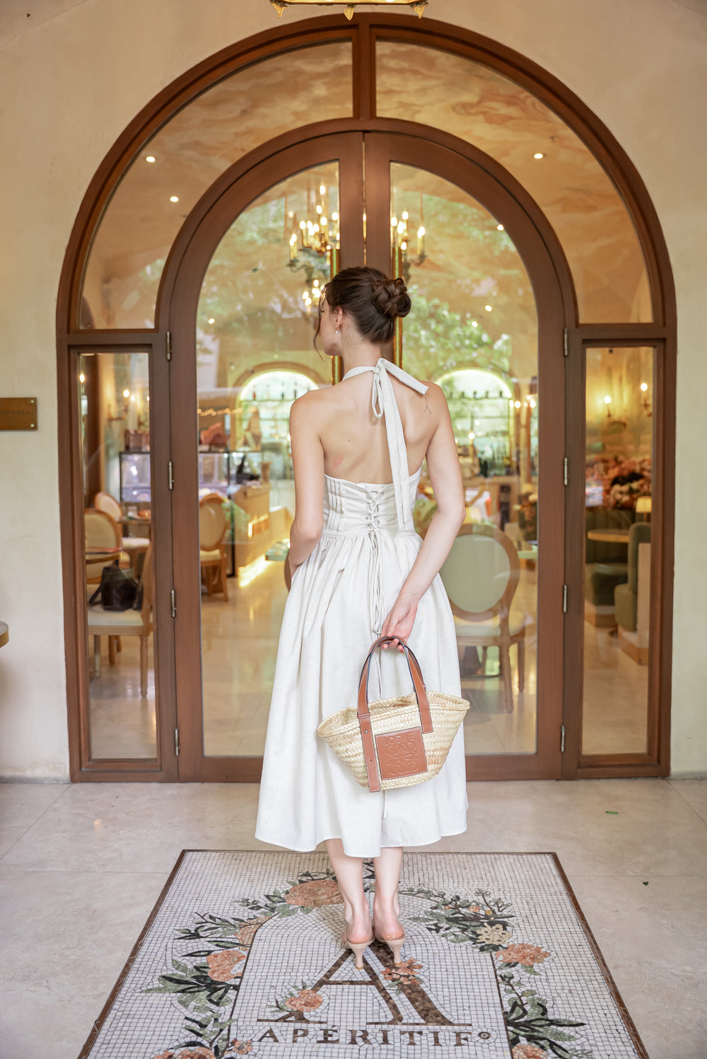 SAME DAY PICK UP - SOLENE Halter Pleated Midi Dress (Tropical Linen Nude)