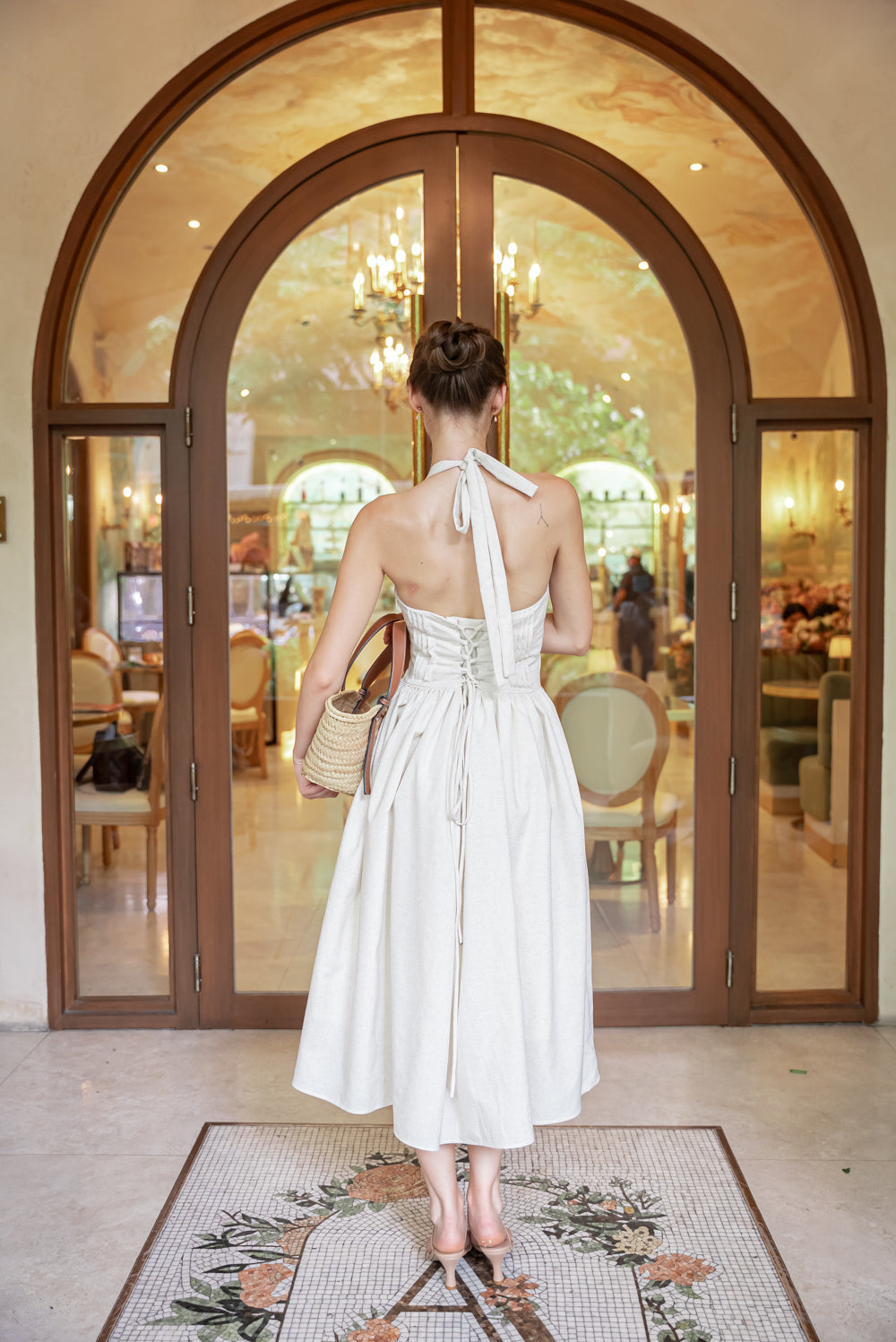SAME DAY PICK UP - SOLENE Halter Pleated Midi Dress (Tropical Linen Nude)