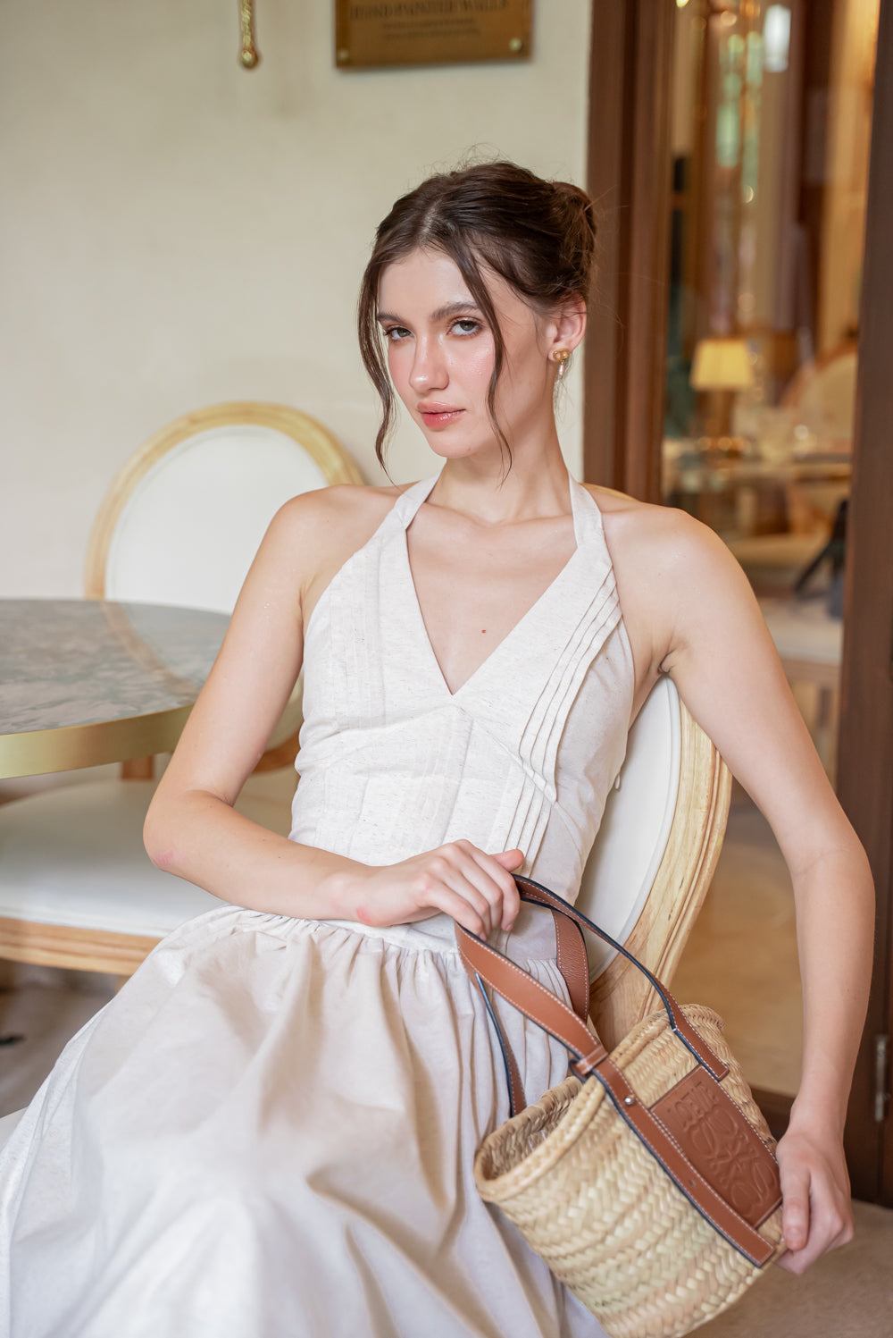 SAME DAY PICK UP - SOLENE Halter Pleated Midi Dress (Tropical Linen Nude)