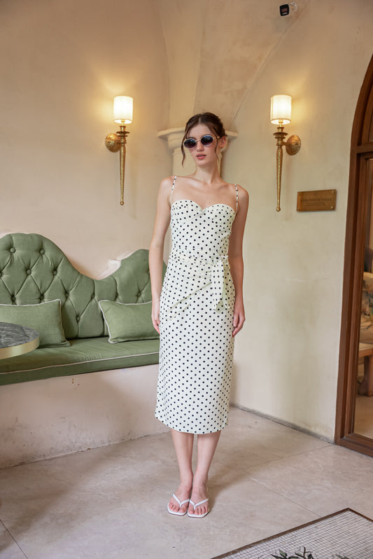 PILAR Strappy Pencil Skirt Midi Dress with Scarf (Cream Polkadot Silk)