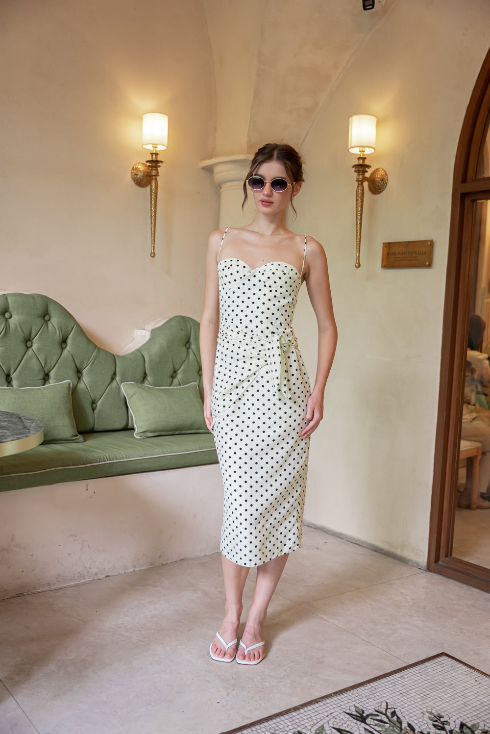 PILAR Strappy Pencil Skirt Midi Dress with Scarf (Cream Polkadot Silk)