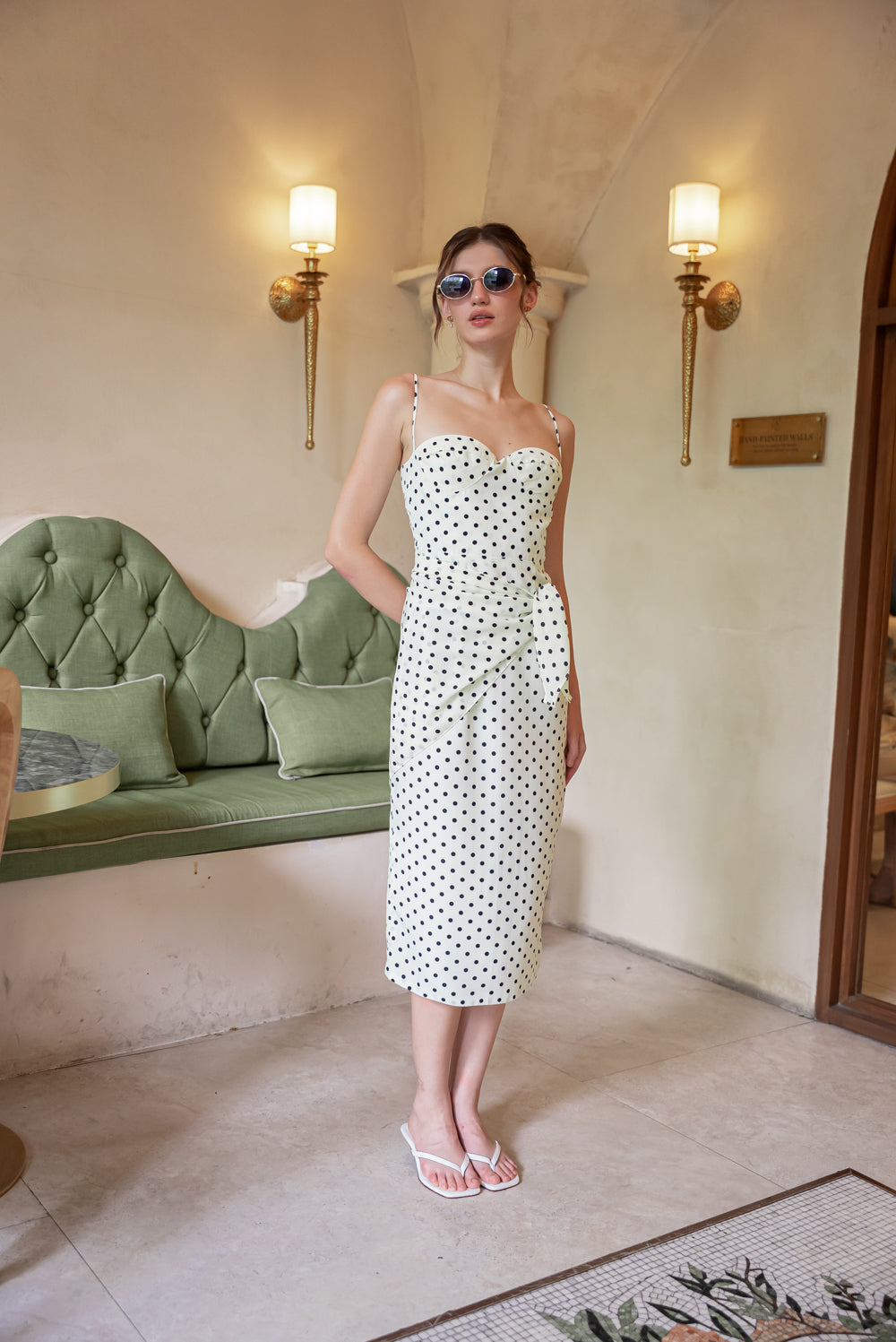PILAR Strappy Pencil Skirt Midi Dress with Scarf (Cream Polkadot Silk)