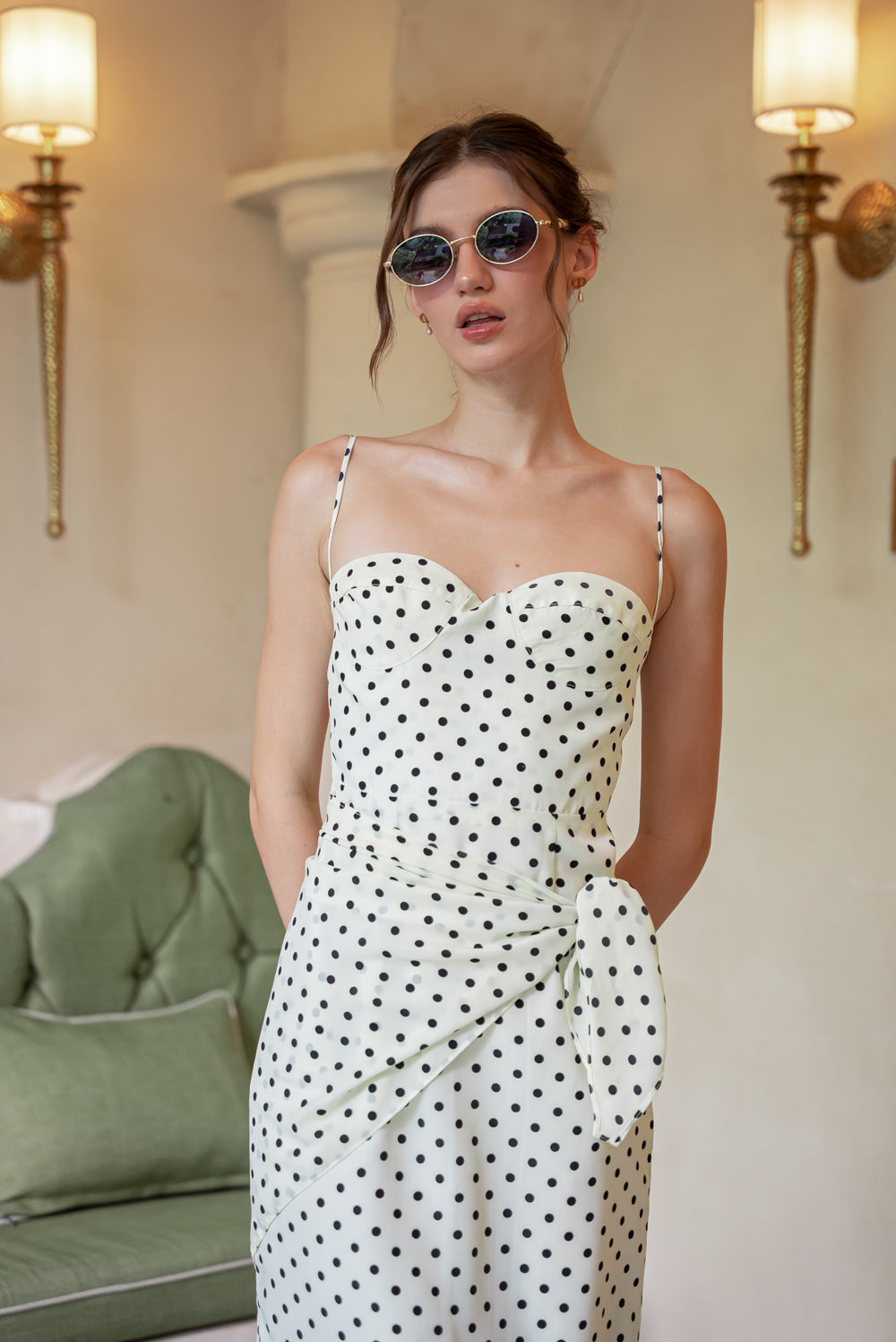 PILAR Strappy Pencil Skirt Midi Dress with Scarf (Cream Polkadot Silk)