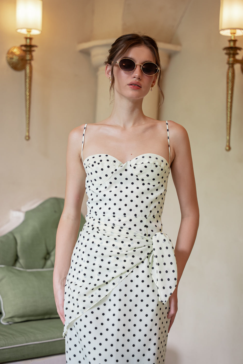PILAR Strappy Pencil Skirt Midi Dress with Scarf (Cream Polkadot Silk)