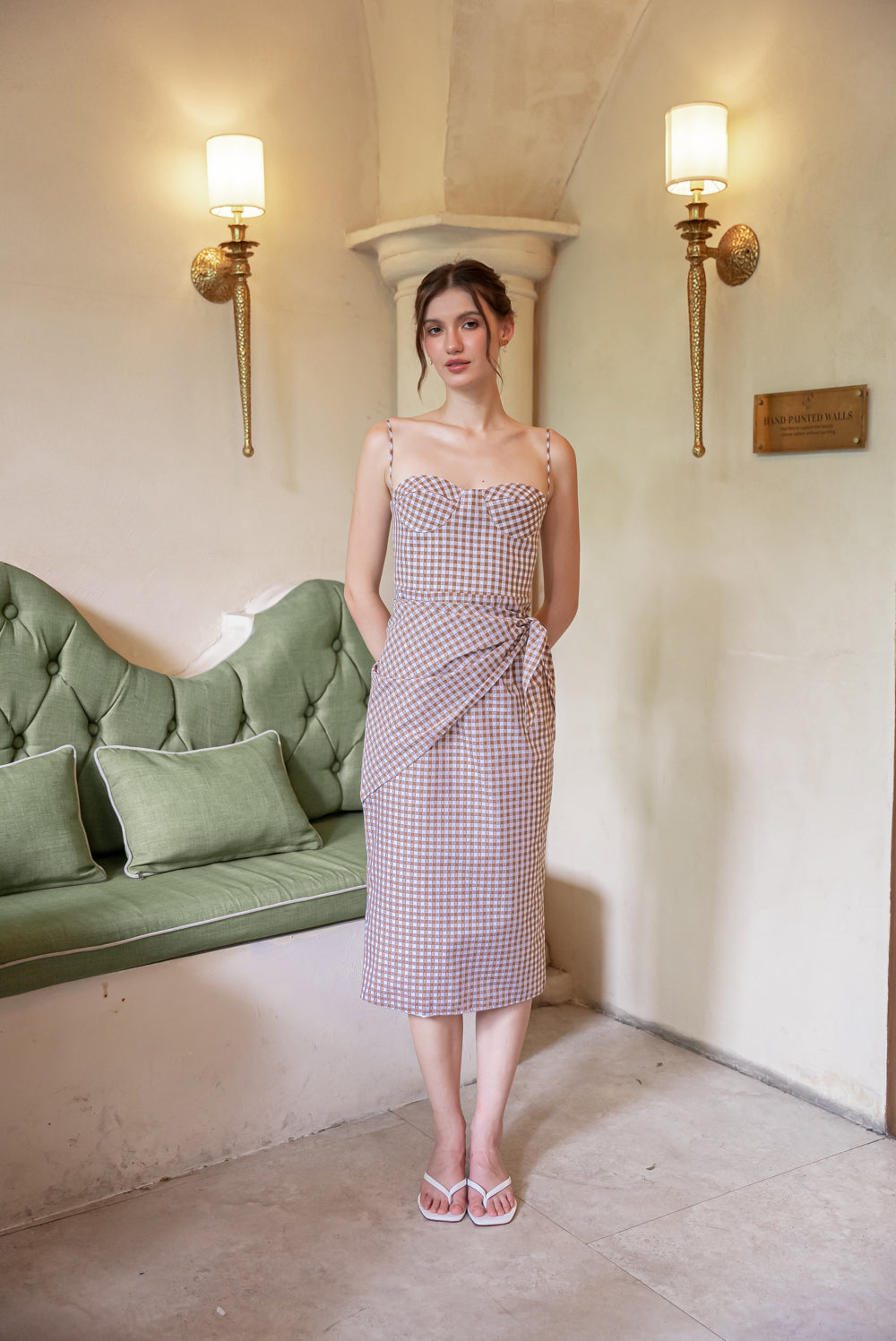 PILAR Strappy Pencil Skirt Midi Dress with Scarf (Gingham Olive Green Cotton)