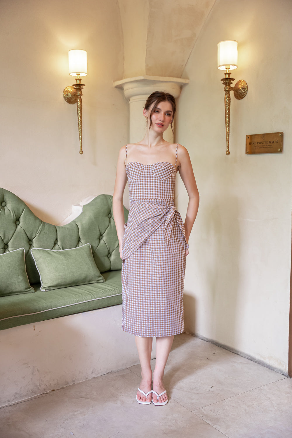 PILAR Strappy Pencil Skirt Midi Dress with Scarf (Gingham Olive Green Cotton)