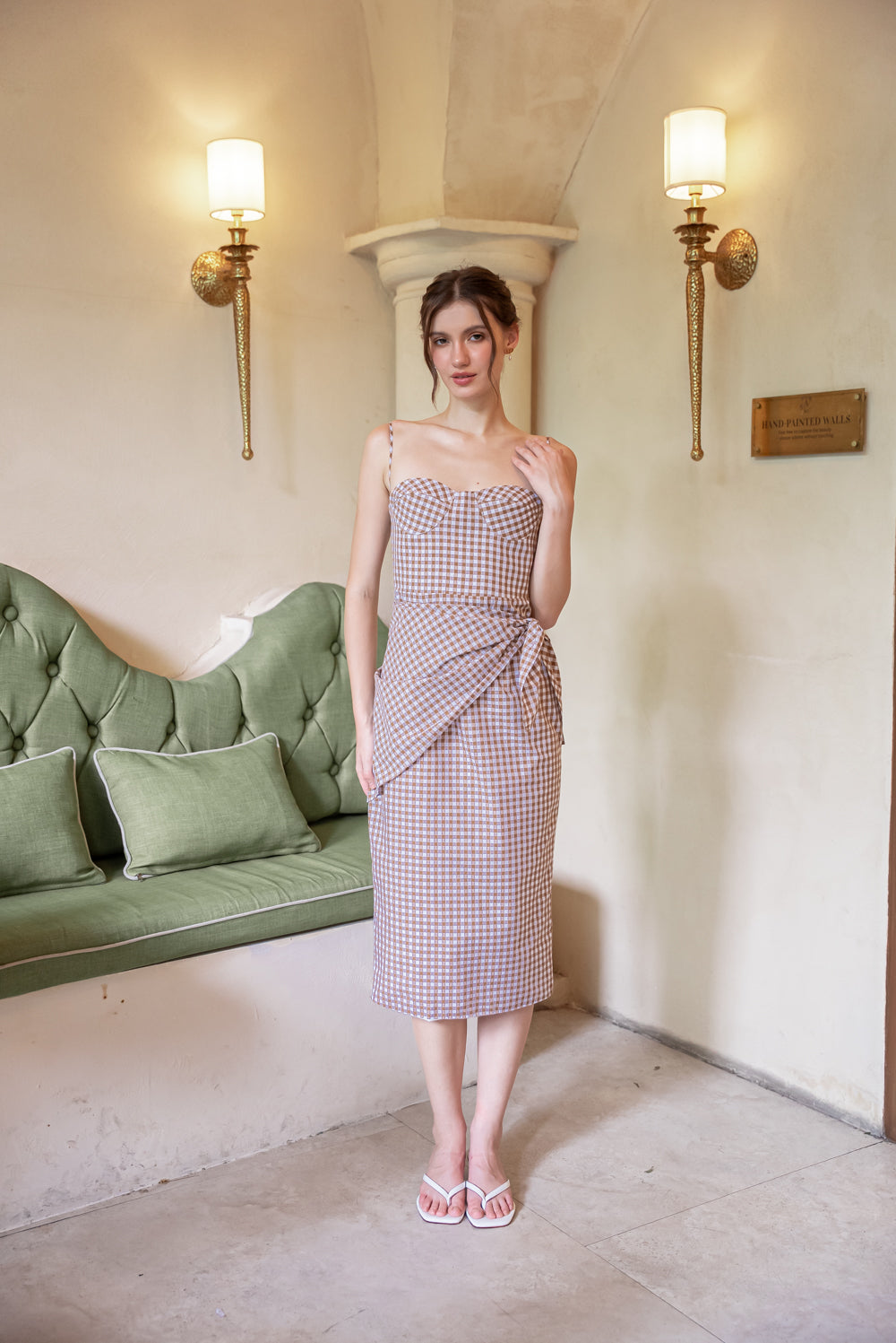 PILAR Strappy Pencil Skirt Midi Dress with Scarf (Gingham Olive Green Cotton)