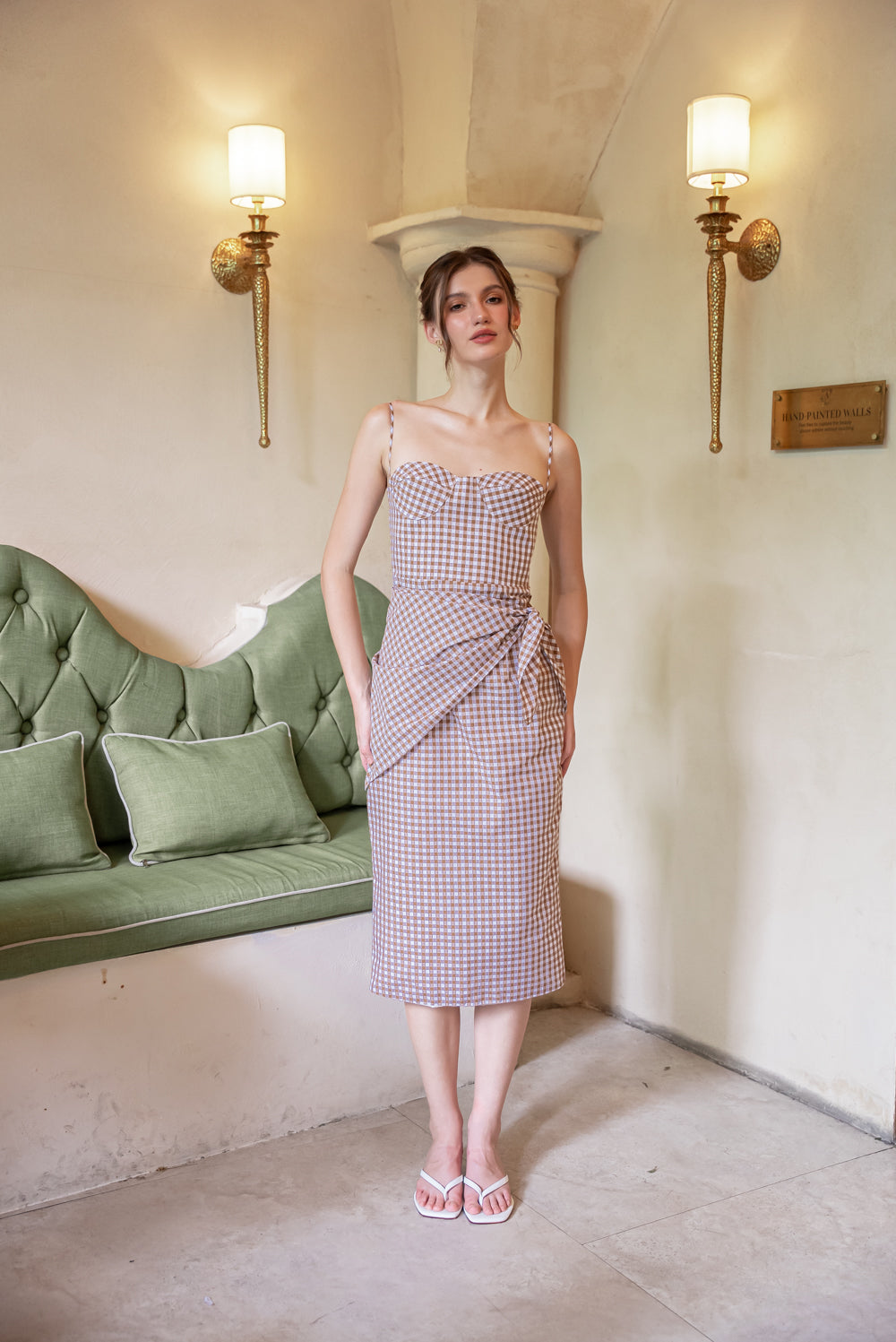 PILAR Strappy Pencil Skirt Midi Dress with Scarf (Gingham Olive Green Cotton)