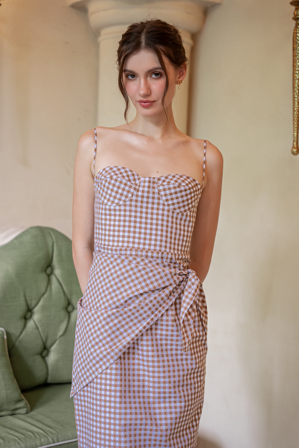 PILAR Strappy Pencil Skirt Midi Dress with Scarf (Gingham Olive Green Cotton)