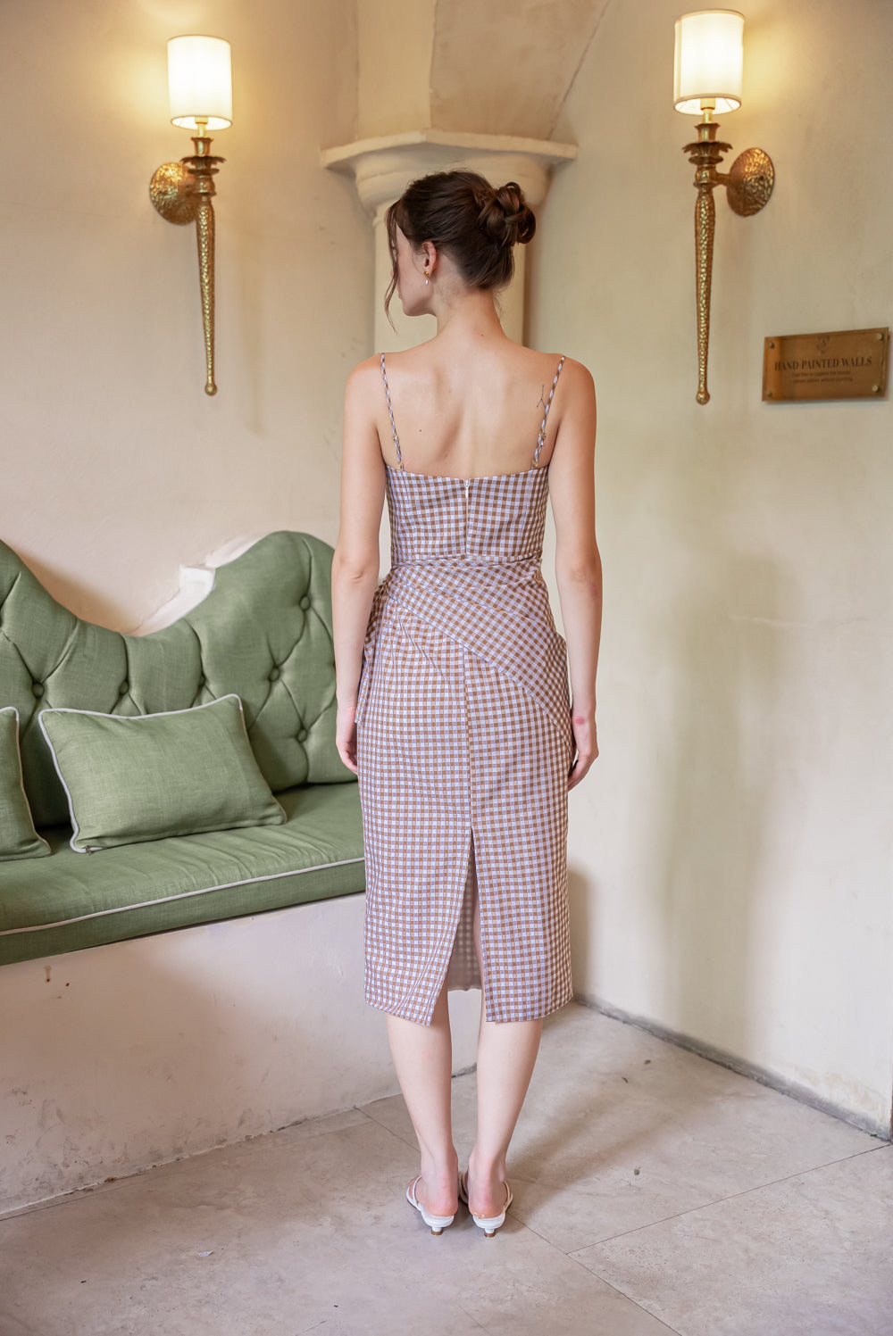 PILAR Strappy Pencil Skirt Midi Dress with Scarf (Gingham Olive Green Cotton)