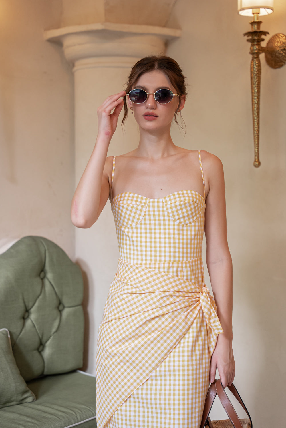 PILAR Strappy Pencil Skirt Midi Dress with Scarf (Gingham Yellow Cotton)