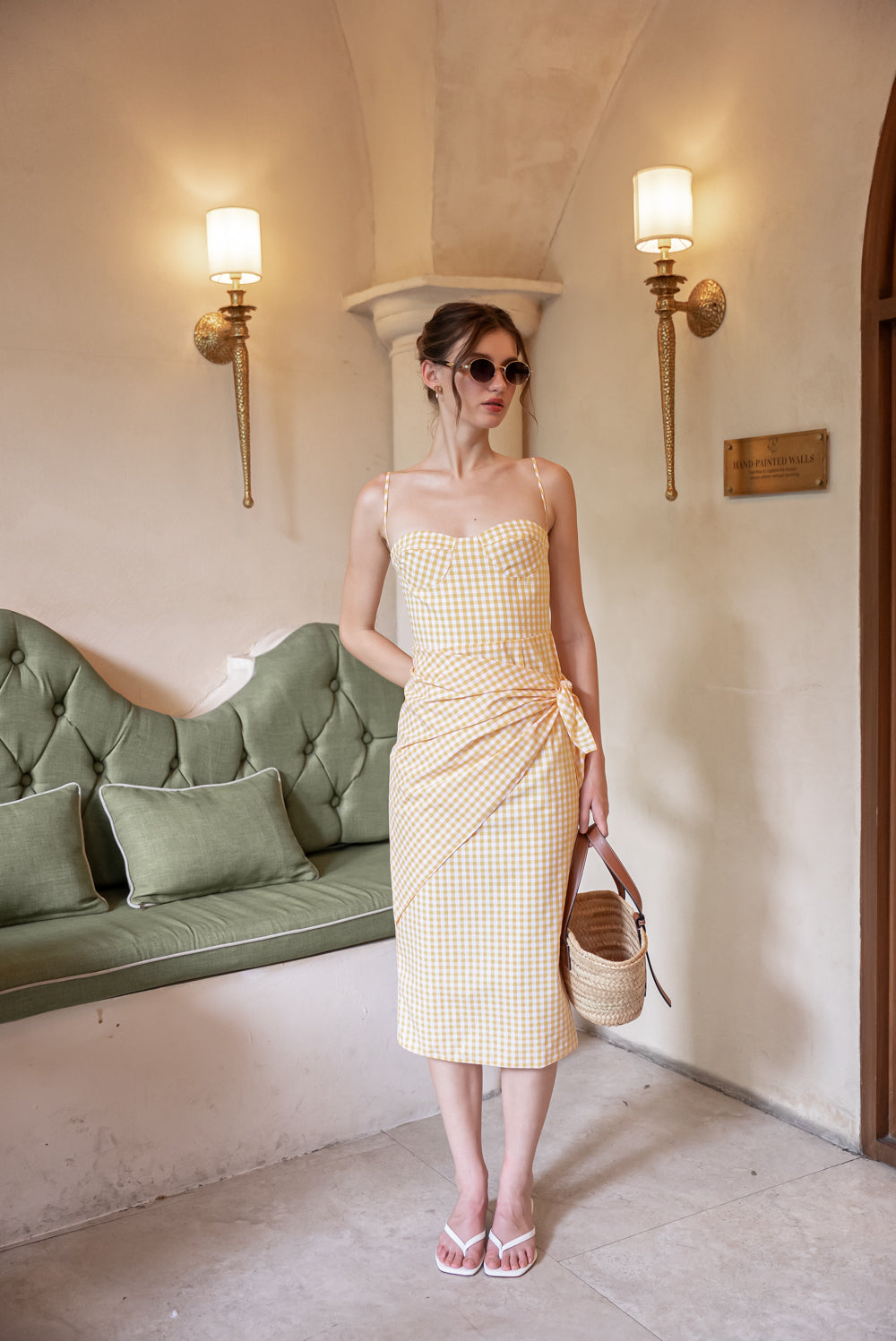 PILAR Strappy Pencil Skirt Midi Dress with Scarf (Gingham Yellow Cotton)