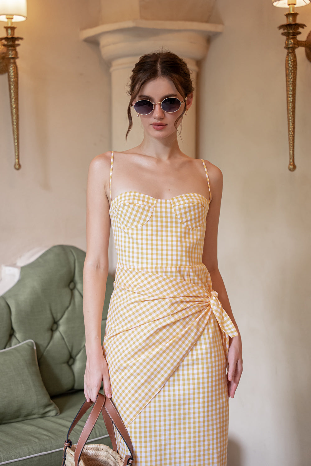 PILAR Strappy Pencil Skirt Midi Dress with Scarf (Gingham Yellow Cotton)