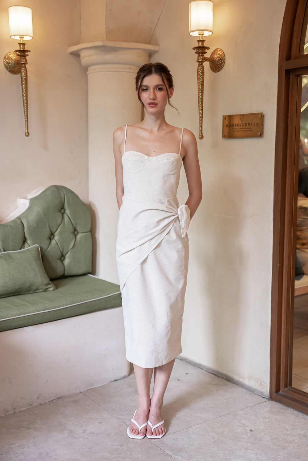 SAME DAY PICK UP - PILAR Strappy Pencil Skirt Midi Dress with Scarf (Tropical Linen Nude)