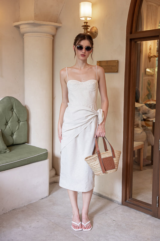 PILAR Strappy Pencil Skirt Midi Dress with Scarf (Tropical Linen Nude)