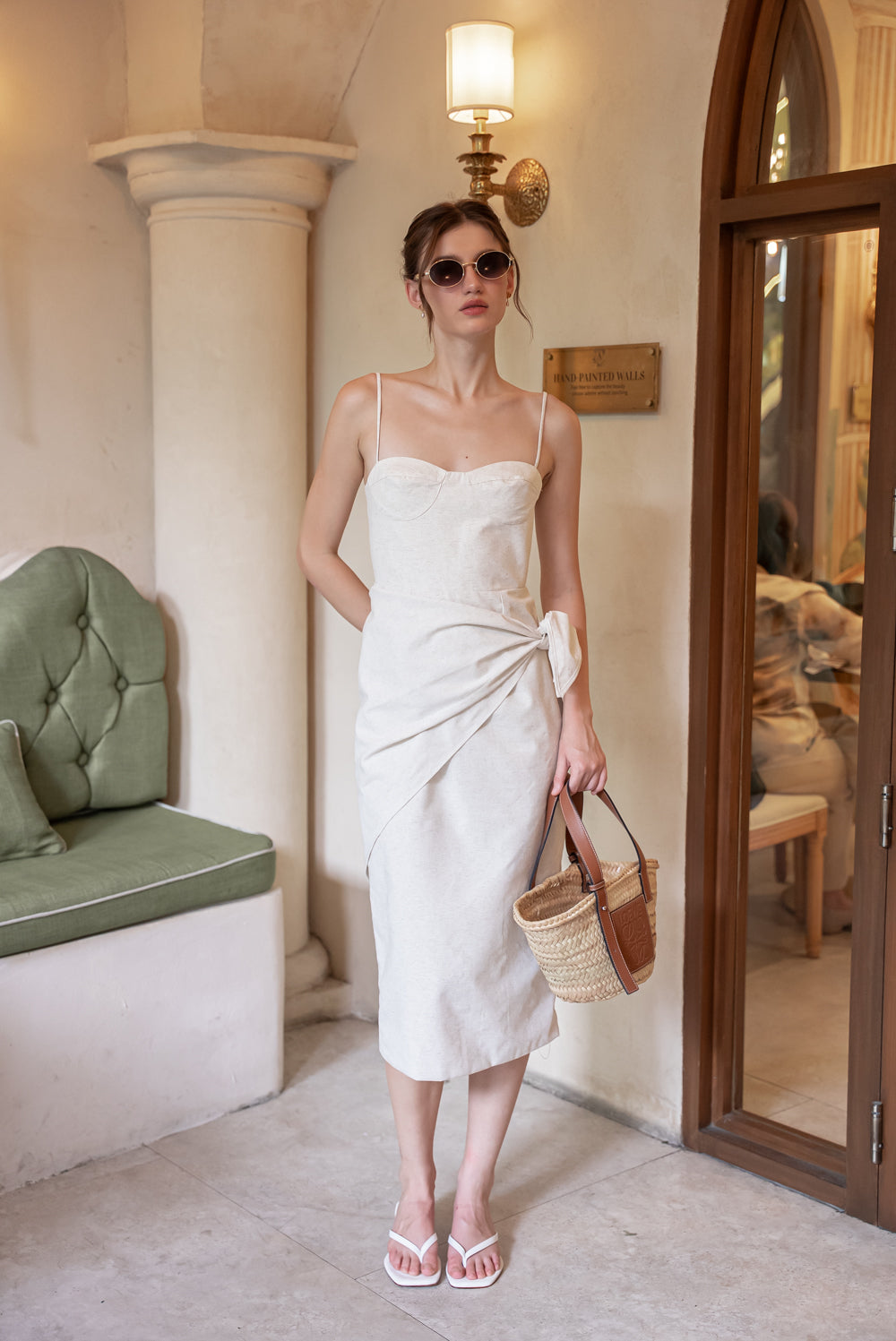 SAME DAY PICK UP - PILAR Strappy Pencil Skirt Midi Dress with Scarf (Tropical Linen Nude)