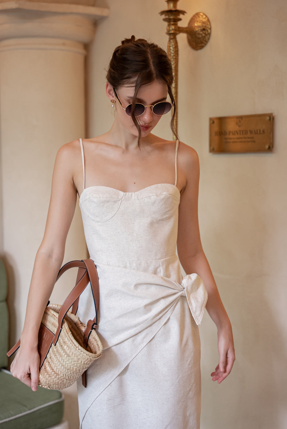 SAME DAY PICK UP - PILAR Strappy Pencil Skirt Midi Dress with Scarf (Tropical Linen Nude)
