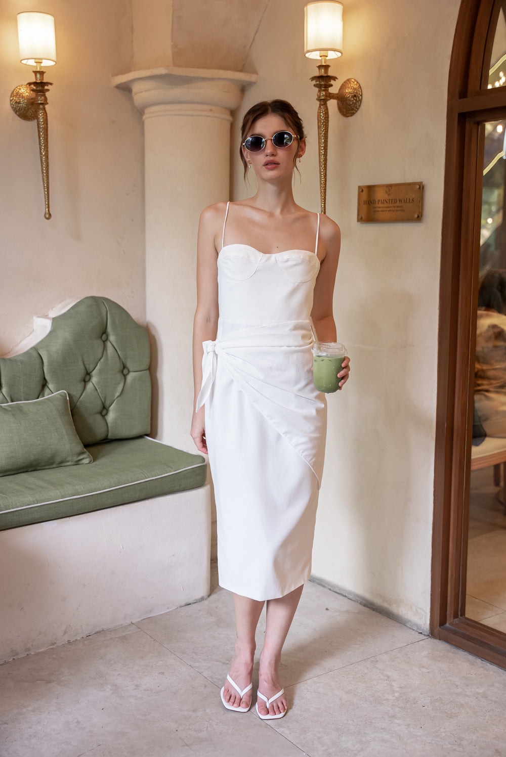 SAME DAY PICK UP - PILAR Strappy Pencil Skirt Midi Dress with Scarf (Tropical Linen White)
