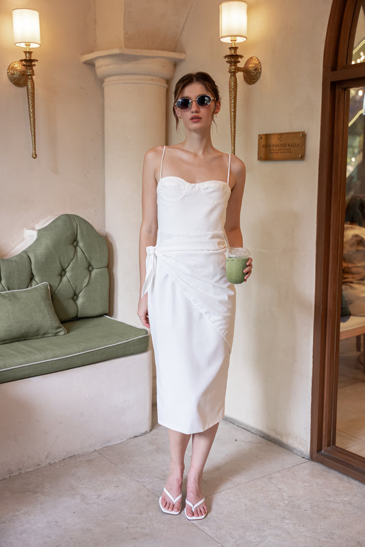 PILAR Strappy Pencil Skirt Midi Dress with Scarf (Tropical Linen White)