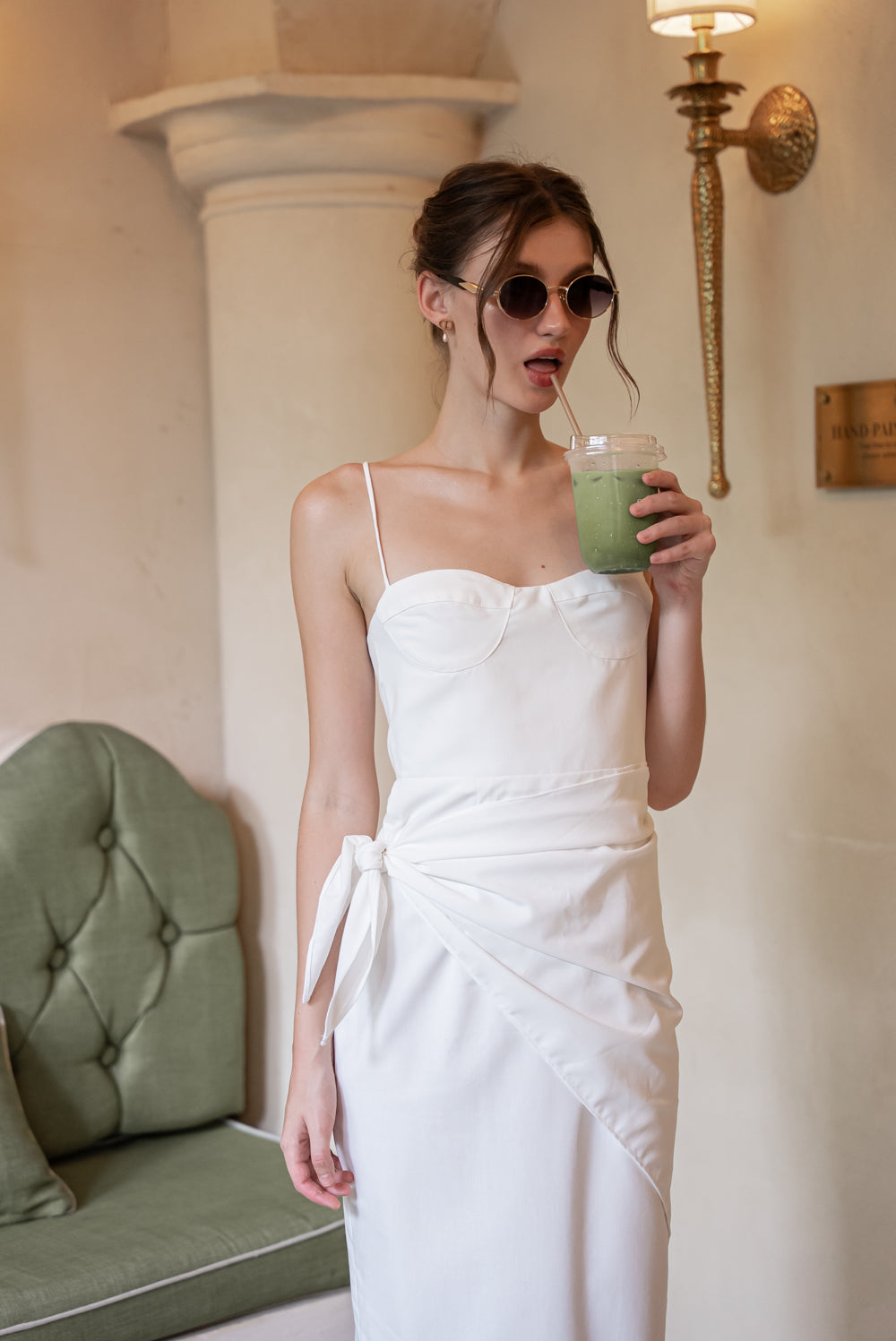 SAME DAY PICK UP - PILAR Strappy Pencil Skirt Midi Dress with Scarf (Tropical Linen White)