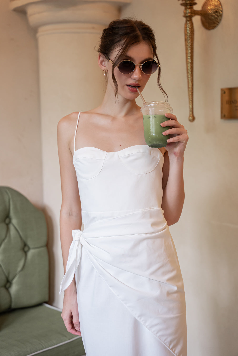 SAME DAY PICK UP - PILAR Strappy Pencil Skirt Midi Dress with Scarf (Tropical Linen White)