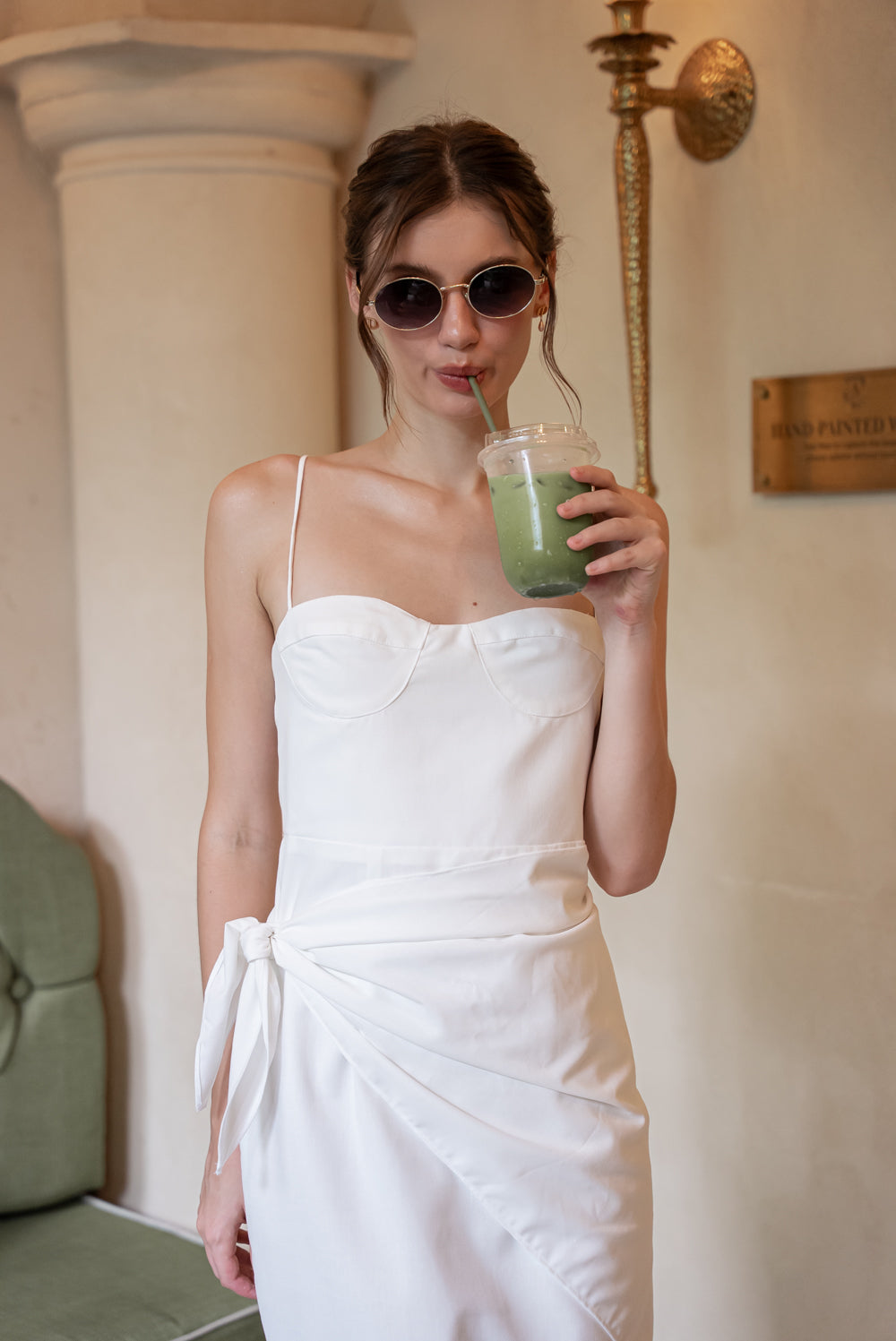 SAME DAY PICK UP - PILAR Strappy Pencil Skirt Midi Dress with Scarf (Tropical Linen White)
