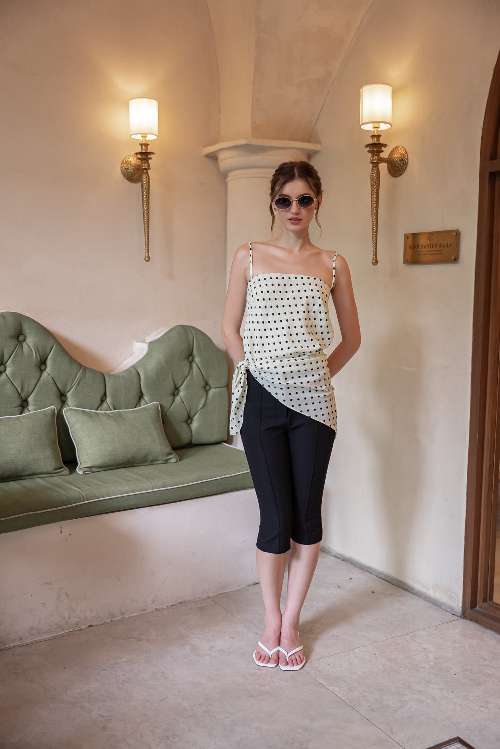 BELLINA Scarf Top Set (Cream Polkadot Silk)