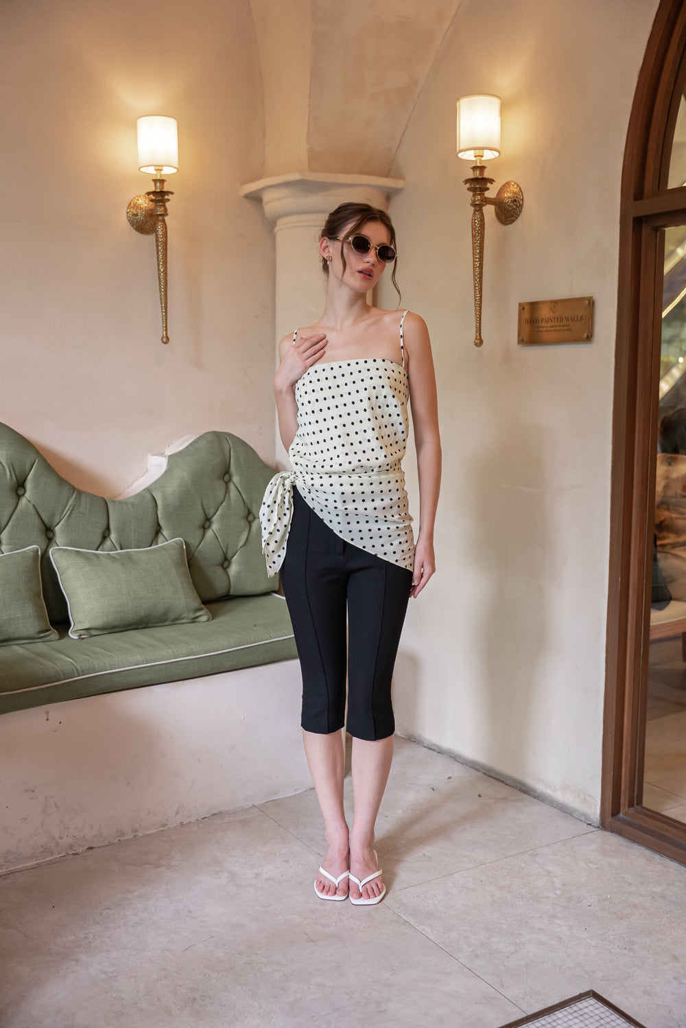 BELLINA Scarf Top Set (Cream Polkadot Silk)