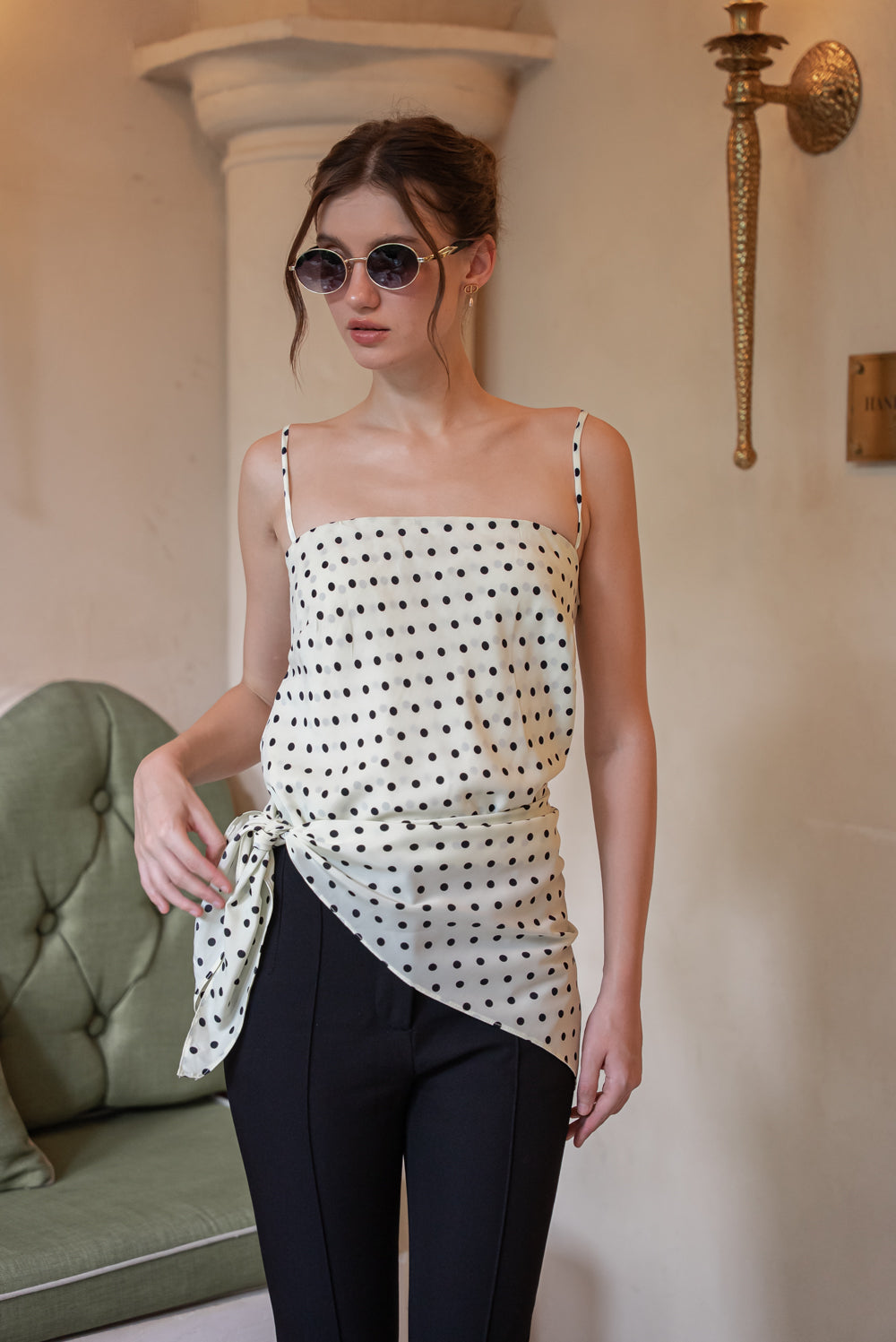 BELLINA Scarf Top Set (Cream Polkadot Silk)